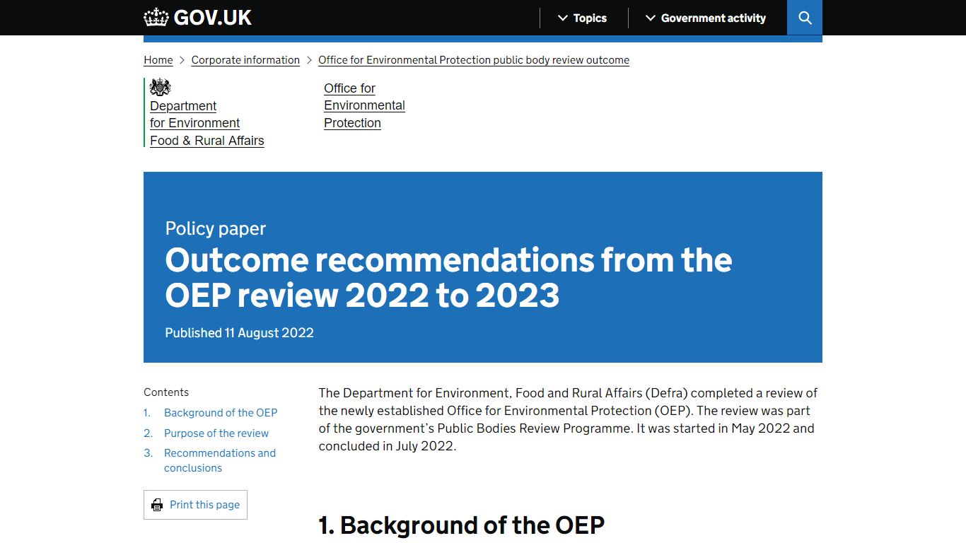 Outcome recommendations from the OEP review 2022 to 2023